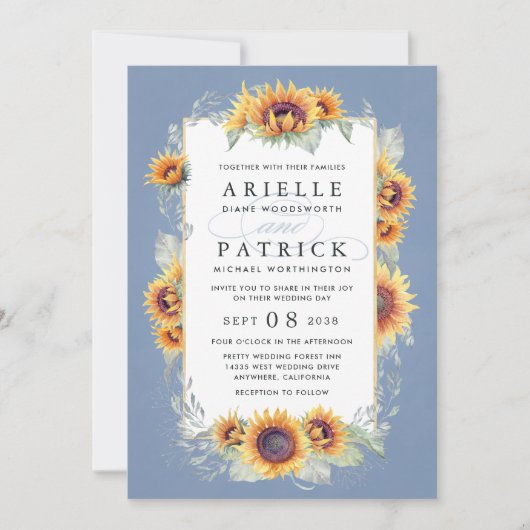 ヒマワリ青水色素朴主結婚題 招待状 (正面)
