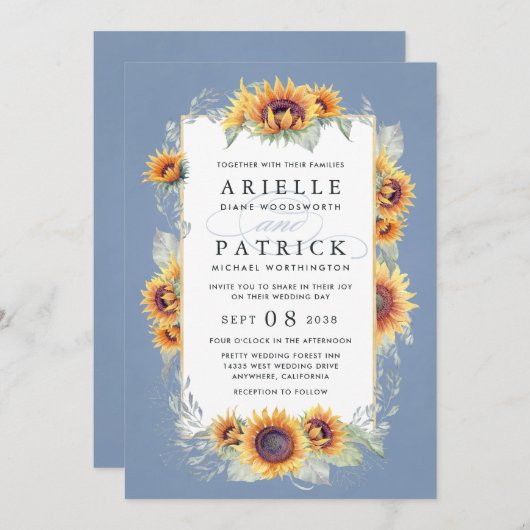 ヒマワリ青水色素朴主結婚題 招待状 (正面/裏面)
