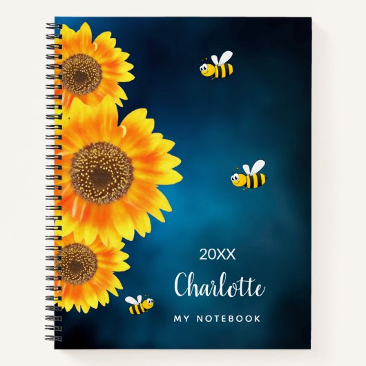 ヒマワリ黄色のミツバチの青空の名前 ノートブック (正面)
