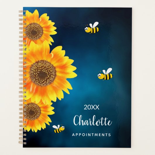 ヒマワリ黄色のミツバチの青空の名前 プランナー手帳 (正面)