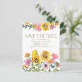 ヒマワリ黄色の水彩結婚式の日付を保存 ポストカード (スタンド正面)