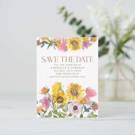 ヒマワリ黄色の水彩結婚式の日付を保存 ポストカード (スタンド正面)