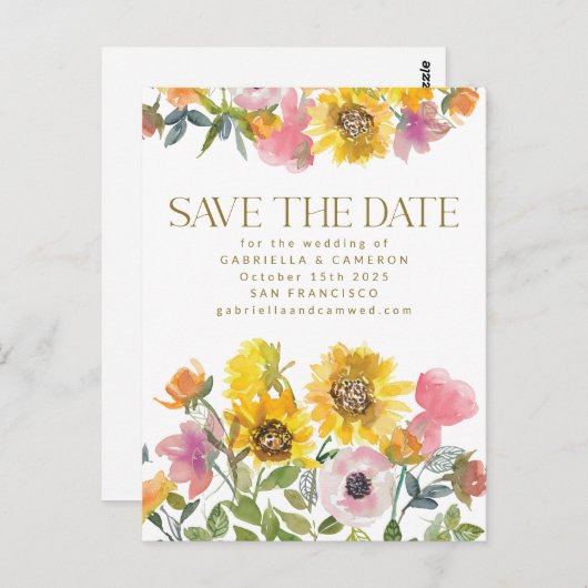 ヒマワリ黄色の水彩結婚式の日付を保存 ポストカード (正面/裏面)