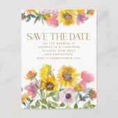 ヒマワリ黄色の水彩結婚式の日付を保存 ポストカード (正面)