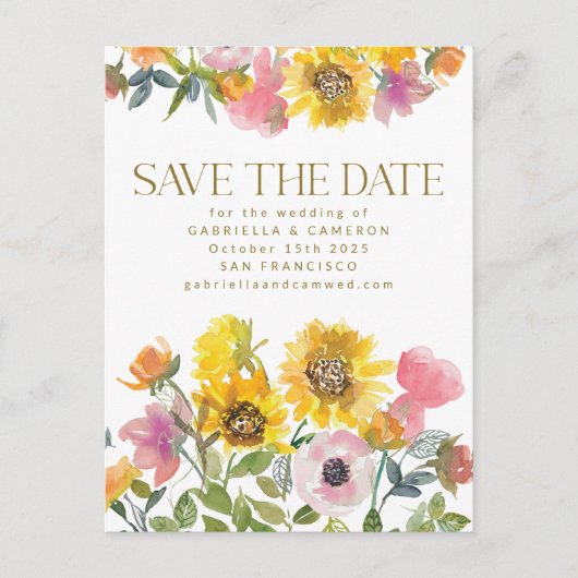 ヒマワリ黄色の水彩結婚式の日付を保存 ポストカード (正面)