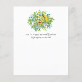 ヒマワリ黄色の青いフローラ葉の結婚式の招待 (裏面)