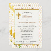 ヒマワリ黄色ハニカムミツバチ金ゴールドバプテスマ 招待状 (正面/裏面)