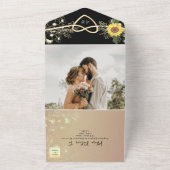 ヒマワリ黒と金ゴールド結婚ズ オールインワン招待状 (外側)