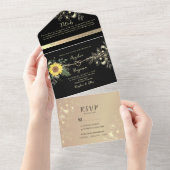 ヒマワリ黒と金ゴールド結婚ズ オールインワン招待状 (貼ってはがせる)