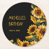 ヒマワリ黒素朴名エレガント誕生日 ラウンドペーパーコースター (正面)