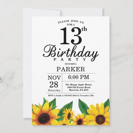 ヒマワリ13誕生日招待状 招待状 (正面)