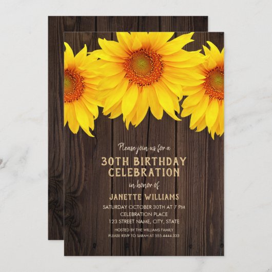 ヒマワリ30歳誕生日のパーティーウ素朴ッド 招待状 (正面/裏面)