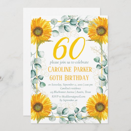 ヒマワリ60誕生日イエローフローラユーカリ 招待状 (正面/裏面)