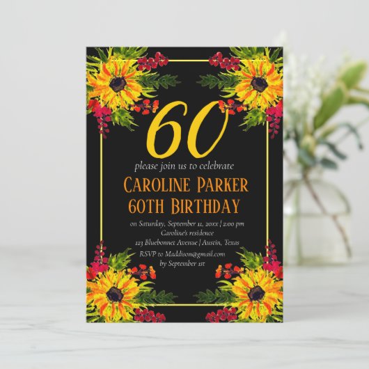 ヒマワリ60誕生日黄色フローラ大人 招待状 (スタンド正面)