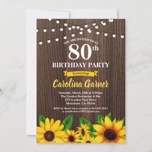 ヒマワリ80歳の誕生日の招待状。任意の年齢 招待状 (正面)