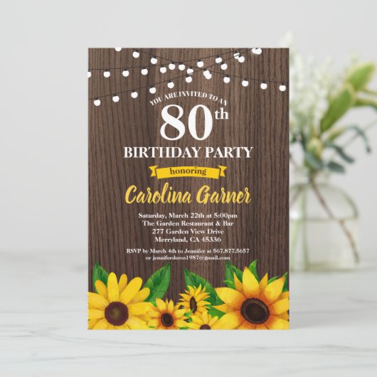 ヒマワリ80歳の誕生日の招待状。任意の年齢 招待状 (スタンド正面)