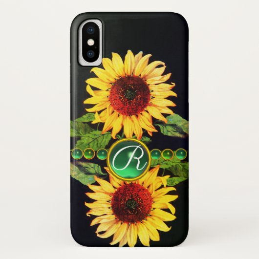 ヒマワリ、エメラルドグリーン宝石フローラモノグラム Case-Mate iPhoneケース (裏面)