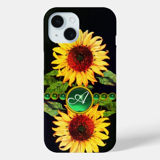 ヒマワリ、エメラルドグリーン宝石フローラモノグラム Case-Mate iPhoneケース (裏面)