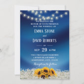 ヒマワリ&ストリングライトNavy 結婚 Blue's 招待状 (正面)