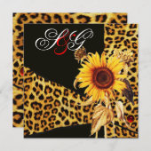 ヒマワリ、ヒョウの毛の リボン、赤いルビーの宝石 招待状 (正面/裏面)