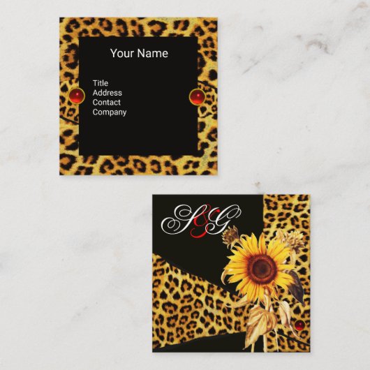 ヒマワリ、ヒョウの毛皮のリボン、赤いルビー宝石 スクエア名刺 (正面/裏面)
