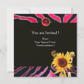 ヒマワリ,ピンクの白黒ゼブラファーモノグラム 招待状 (裏面)