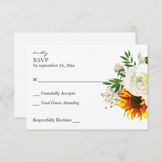 ヒマワリ&ホワイトローズフローラアートノミール 出欠カード (正面/裏面)