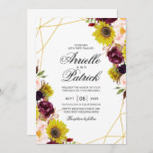 ヒマワリ ワインレッド ブラッシュ ピオニー ローズ 招待状 (正面/裏面)