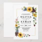 ヒマワリ ワインレッド ローズ ブルー ラスティック 招待状 (正面/裏面)