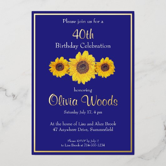 ヒマワリ（青） - 40歳の誕生日  箔招待状 (正面)