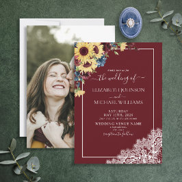 ヒマワリBurgundy Navy Blue Script 結婚 Photo's 招待状