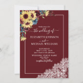 ヒマワリBurgundy Navy Blue Script 結婚 Photo's 招待状 (正面)