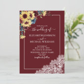 ヒマワリBurgundy Navy Blue Script 結婚 Photo's 招待状 (スタンド正面)