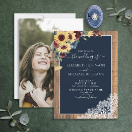 ヒマワリBurgundy Navy Blue Wood Photo 結婚's 招待状