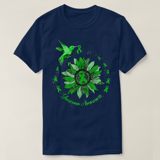 ヒマワリHummingbirdグリーンリボン緑内障Warrio Tシャツ (デザイン正面)