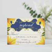 ヒマワリRSVPカード-黄色とネイビーブルー 出欠カード (スタンド正面)