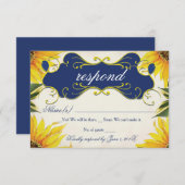 ヒマワリRSVPカード-黄色とネイビーブルー 出欠カード (正面/裏面)