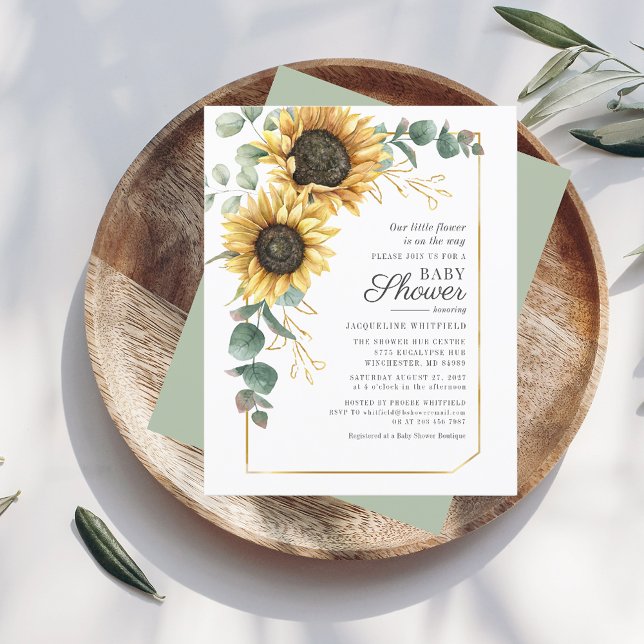 ヒマワールユーカリプスグリーンリーベビーシャワー招待状 (Sunflower Eucalyptus Floral Baby Shower Invitation)