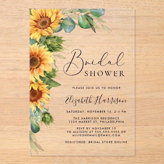 ヒマワールユーカリプトゥスウォーターカラーブライダルシャワー アクリル招待状 (正面)