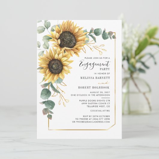 ヒマワールユーカリ金ゴールド幾何学婚約 招待状 (スタンド正面)