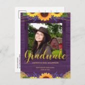 ヒマワ素朴リーパープルと金ゴールドの写真卒業 案内ポストカード (正面/裏面)