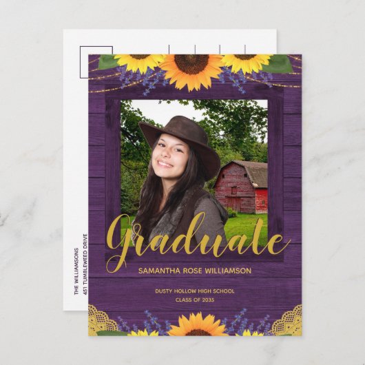 ヒマワ素朴リーパープルと金ゴールドの写真卒業 案内ポストカード (正面/裏面)