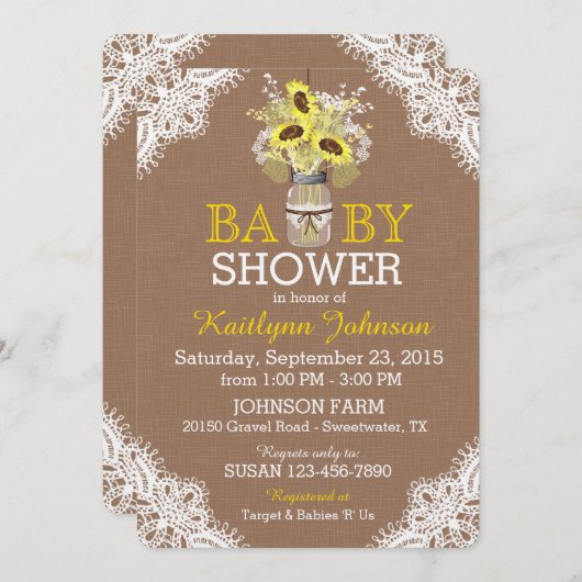 ヒマワ素朴ーメイソンジャーレースベビーシャワー招待状 招待状 (正面/裏面)