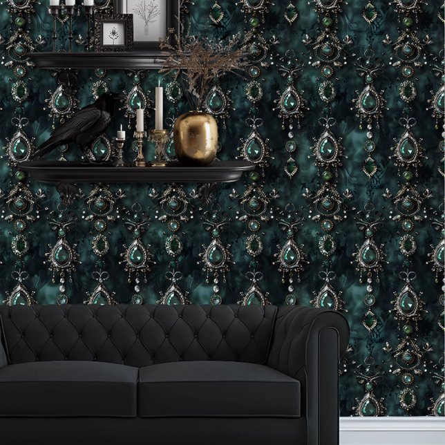 ヒムシゴスエメラルドグリーンの宝石 壁紙 (Whimsigoth Emerald Green Jewels wallpaper behind a black couch.)