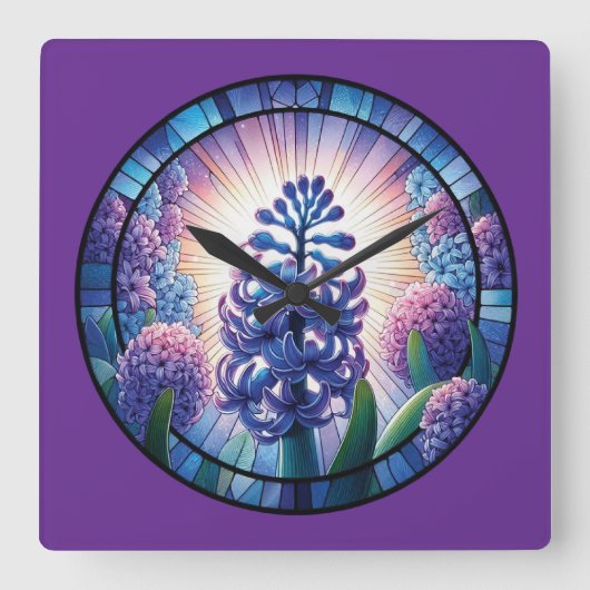 ヒヤシンスのステンドグラス スクエア壁時計 (正面)