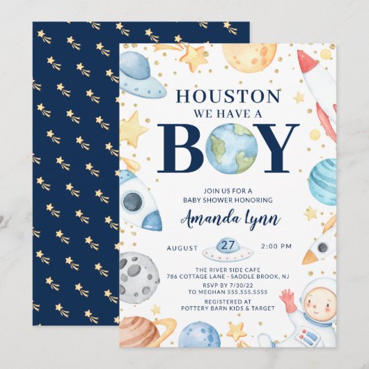 ヒューストンに男の子が誕生！宇宙ベイビーシャワーの招待状 招待状 (正面/裏面)