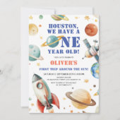 ヒューストンに1歳児がいる！宇宙の1歳誕生日 招待状 (正面)
