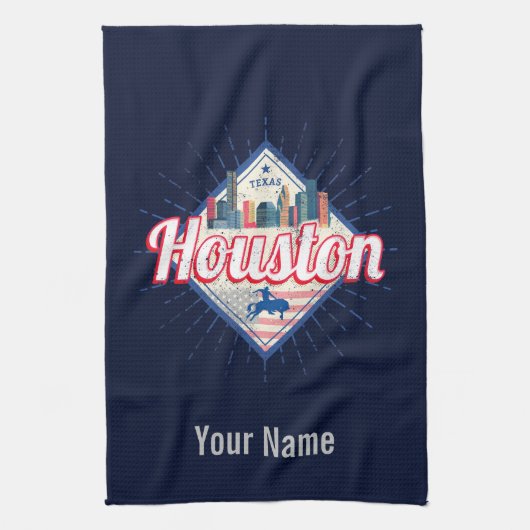 ヒューストンスカイラインテキサス州統一された州ヴィンテージUSA キッチンタオル (縦)