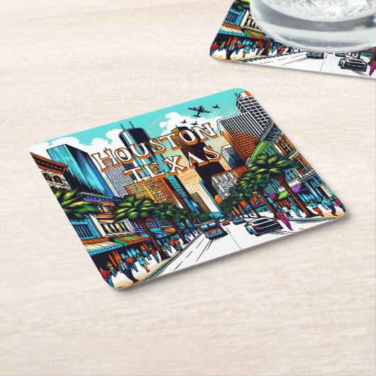 ヒューストンテキサス州ダウンタウンシティビュー抽象芸術アート スクエアペーパーコースター (アングル)