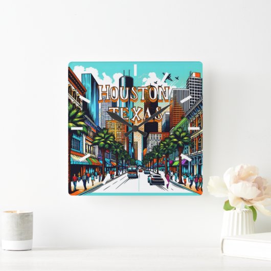 ヒューストンテキサス州ダウンタウンシティビュー抽象芸術アート スクエア壁時計 (ホーム)